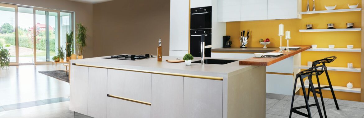 Sleek and modern kitchen interior featuring a large island and open shelving in a contemporary setting.